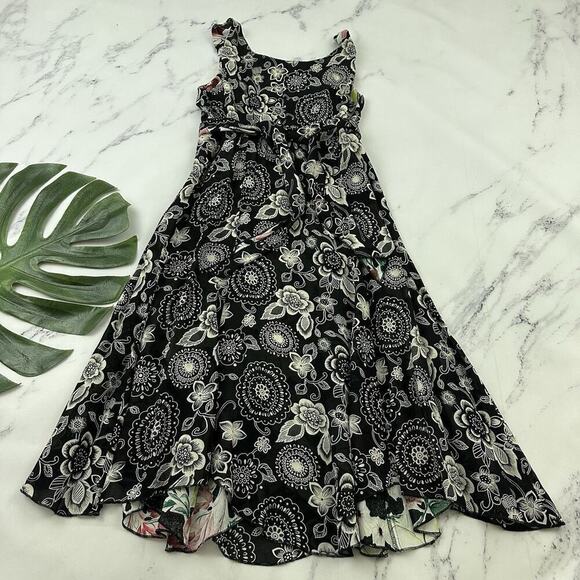 Womens Vintage 90s Reversible Slip Dress Size S Black Pink Floral Flutter Midi - Picture 9 of 16